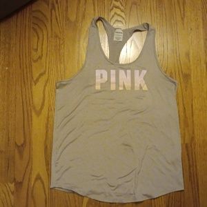 Victoria Secret PINK Ultimate Grey Racerback Tank Top with light pink writing XS
